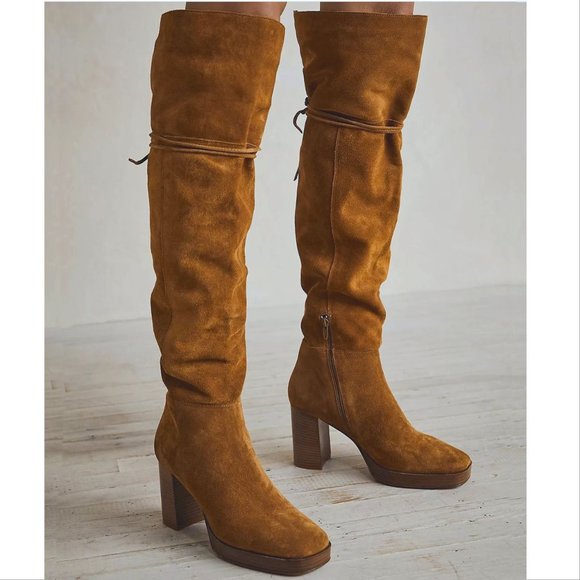FREE PEOPLE Echo Platform Over the Knee OTK BOOTS Size 8.5 Tan Suede NEW $298 - Picture 2 of 11